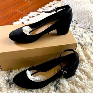 Black velvet, 2” heel, ankle strap